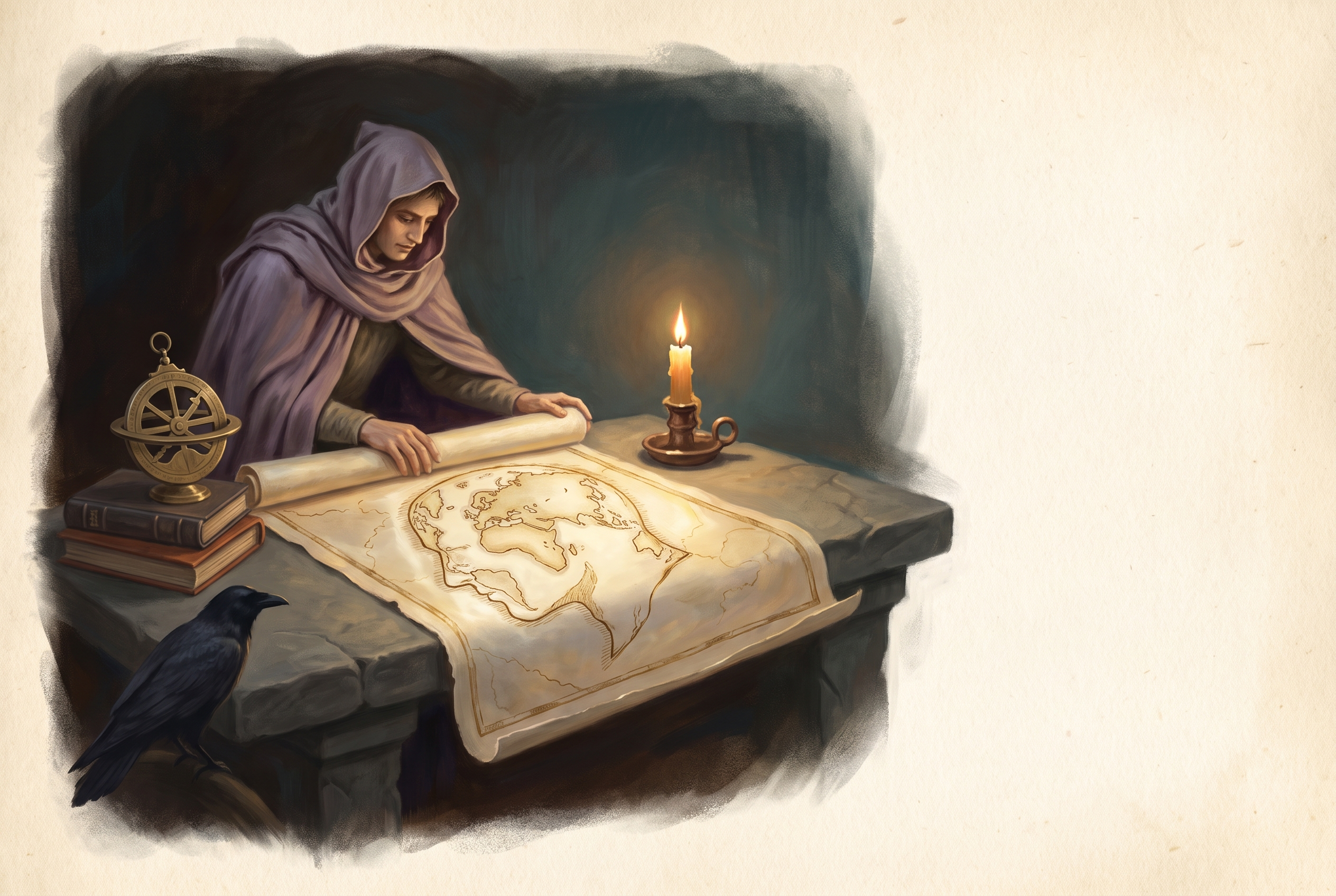 A robed scholar unrolling a great parchment map whose continents form the profile of a human head