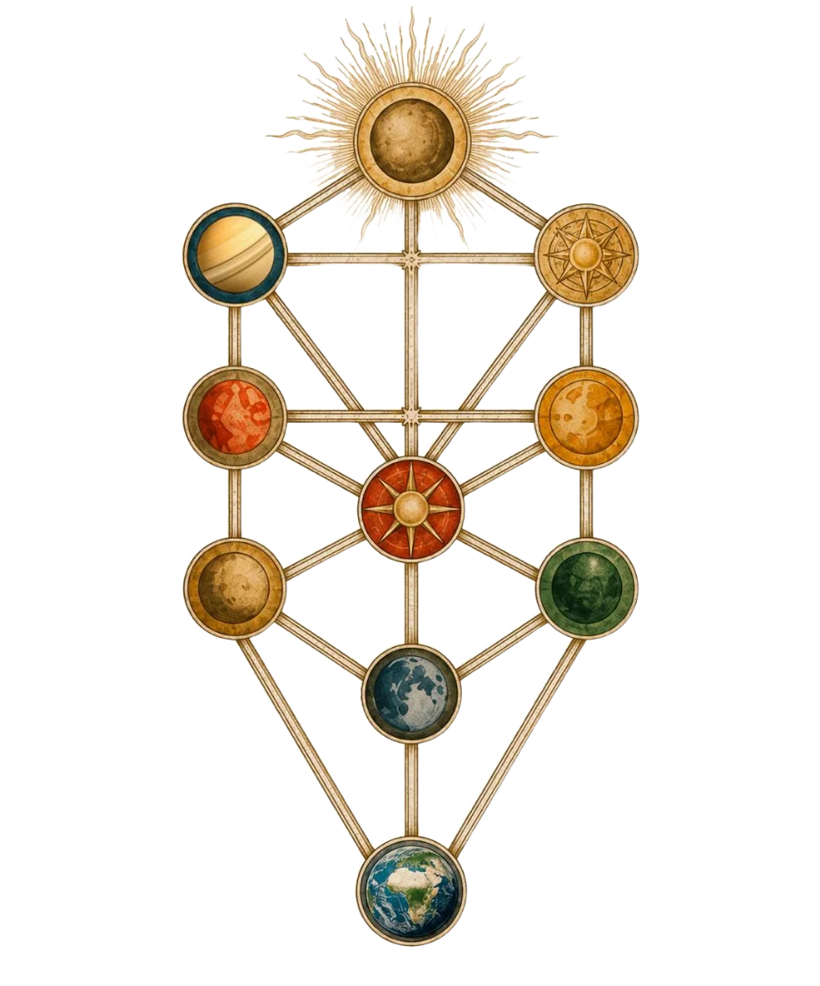 The Kabbalistic Tree of Life: ten spheres, each rendered as a planet or celestial body, connected by twenty-two paths