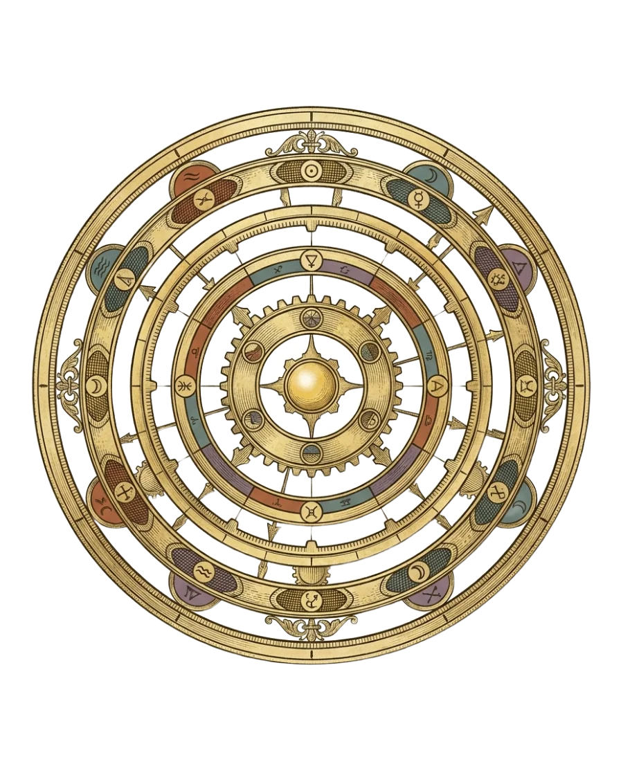 An engraved alchemical astrolabe, eight concentric graduated rings of dials and gears radiating from a glowing hub, each ring marking one of the eight mental functions