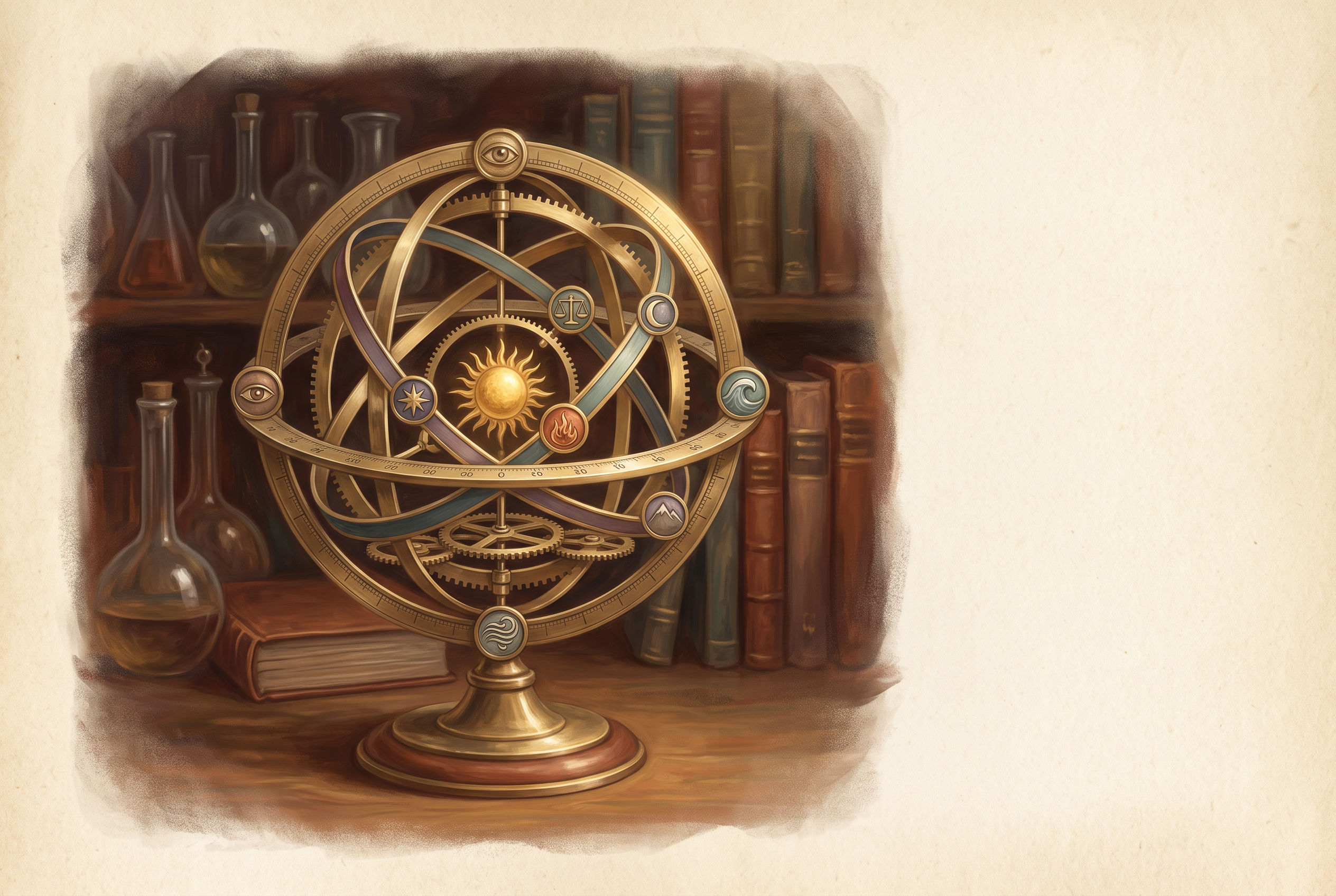 A brass-and-crystal orrery whose eight rings orbit a small golden sun, each ring bearing an elemental emblem