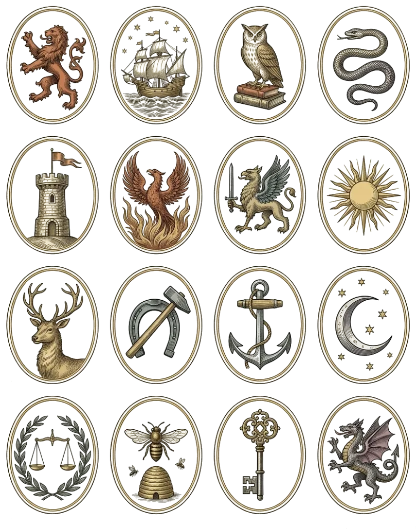 A specimen chart of sixteen heraldic crests, each engraved with a distinct emblem representing one of the sixteen mental types, arranged in a four by four grid