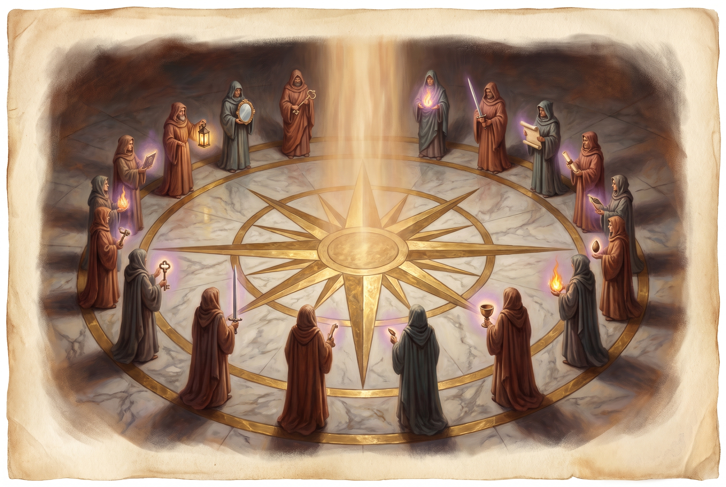 Sixteen robed figures standing in a circle on an inlaid marble floor, each holding a different luminous emblem